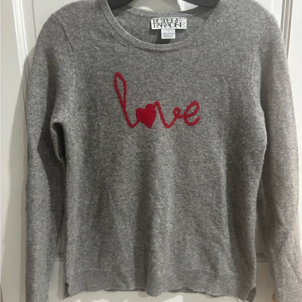 Future Paradise cashmere crewneck gray sweater with a red love script graphic